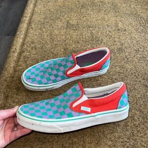 Vans Red and Teal Checkerboard Slip-Ons